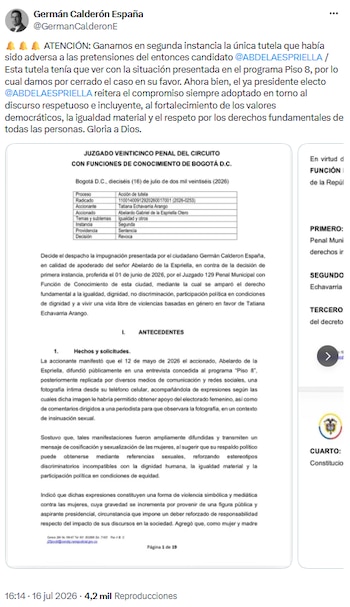 Presidente electo Abelardo de la Espriella supera litigio tras decisión de segunda instancia - crédito @GermanCalderonE/X