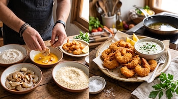 Un cocinero empaniza camarones en cuencos con harina, huevo y panko, junto a un plato con camarones fritos, salsa y limón.