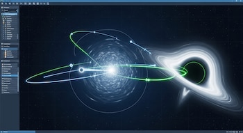 Imagen de una simulación digital que muestra las órbitas de varias estrellas alrededor de un agujero negro supermasivo, con trayectorias de color verde y azul sobre un fondo estrellado y el menú del software visible en el lateral izquierdo.