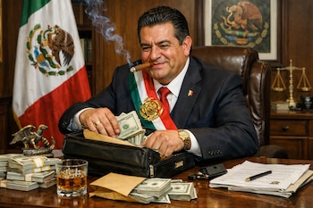 Hombre con banda presidencial y cigarro guarda billetes de dólares en un maletín. Se ven fajos de dinero, bandera de México, balanza de justicia, whisky.