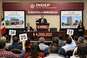 Vista frontal de una subasta del INDEP: un orador en podio, público con paletas numeradas, pantallas mostrando propiedades y precio actual, bandera de México.