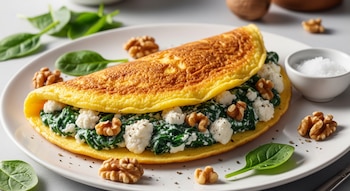 Un omelette relleno de espinacas y ricotta con trozos de nuez en un plato blanco. Se observan hojas de espinaca fresca y un cuenco de sal.