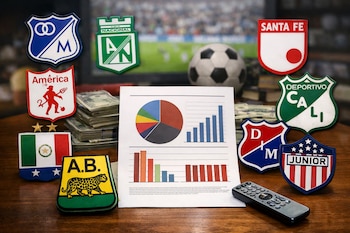 Emblemas de clubes de fútbol, incluyendo Millonarios y Bucaramanga, con gráficos, billetes, un control remoto y un balón de fútbol en un escritorio.