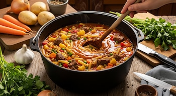 Vista superior de una olla de hierro con guiso de fideos, carne, papas y verduras. Una mano remueve con cuchara de madera. Ingredientes frescos y utensilios en mesa de madera.