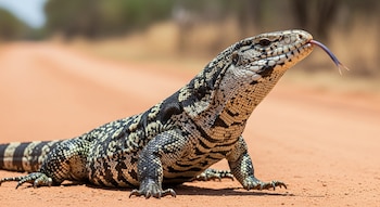 Un gran tegu argentino con un patrón blanco y negro y lengua bífida extendida, se posa sobre un camino de tierra marrón con el fondo desenfocado.
