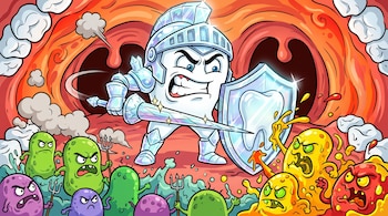 Caricatura de un diente guerrero con armadura de cristal, espada y escudo, defendiendo una boca de monstruos ácidos rojos y amarillos y bacterias verdes.