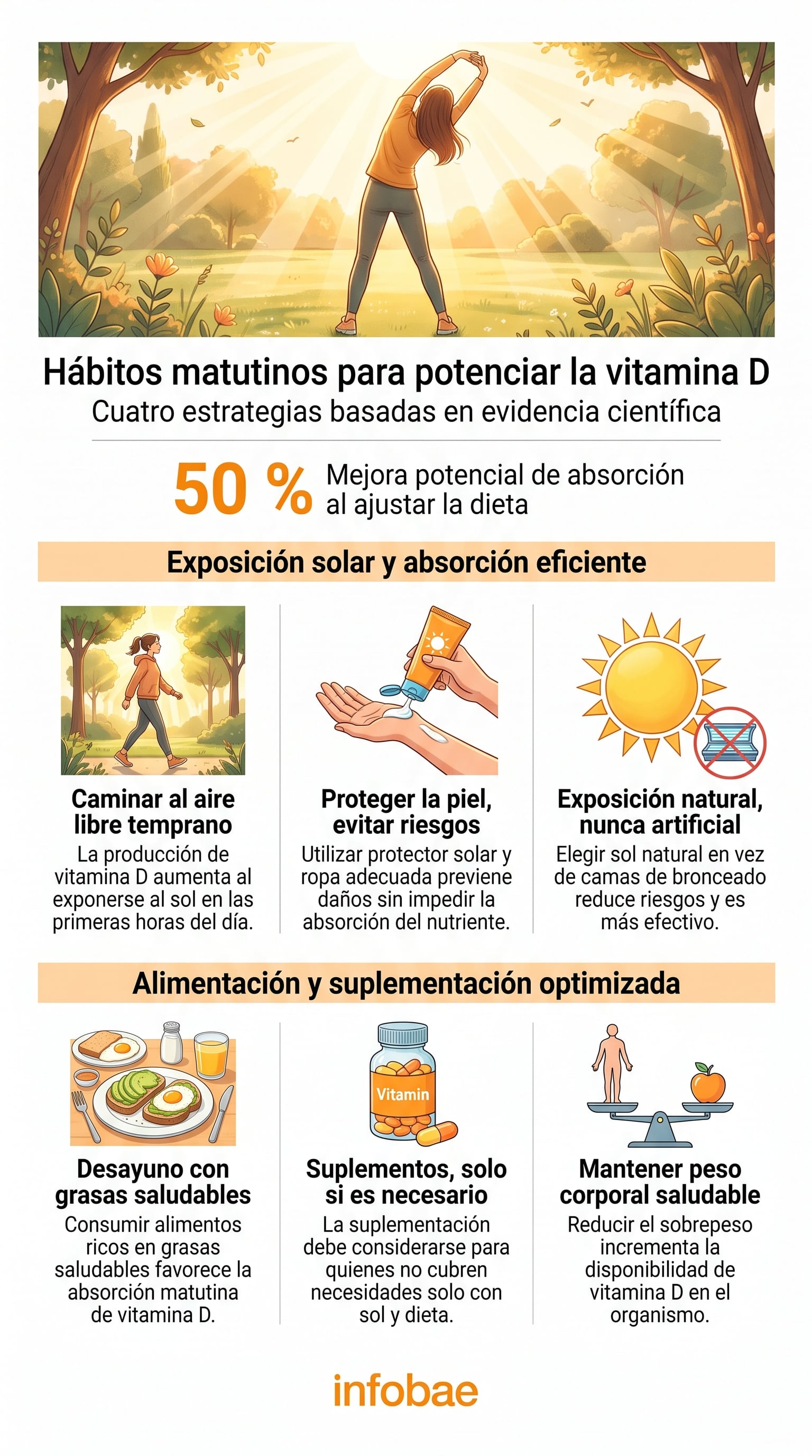 La infografía detalla cuatro estrategias para mejorar la absorción de vitamina D, destacando un 50% de mejora potencial al ajustar la dieta, según Infobae. (Imagen Ilustrativa Infobae)