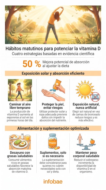 Infografía sobre hábitos matutinos para vitamina D, con ilustraciones de una persona caminando, otra aplicando protector solar, un sol, desayuno, suplementos y balanza.