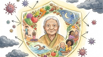 Ilustración de persona mayor sonriente dentro de un escudo con frutas, ejercicio, sueño y personas. Virus y nubes oscuras están fuera del escudo.