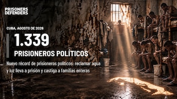 Gráfico informativo de Prisoners Defenders con texto sobre prisioneros políticos en Cuba y personas en una celda