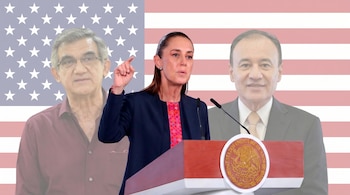Claudia Sheinbaum en un podio con el escudo de México. Detrás, imágenes semitransparentes de Américo Villarreal y Alfonso Durazo, con la bandera de Estados Unidos de fondo.