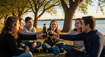 Seis jóvenes sentados en el pasto a la orilla de un río, compartiendo un termo y un mate. Hay árboles de fondo y el sol de atardecer.