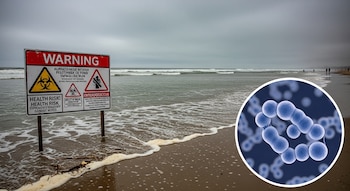 Una señal de advertencia sanitaria roja y blanca en una playa de arena con agua turbia y olas bajo un cielo gris. En primer plano, una imagen circular de bacterias enterococos.