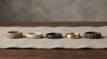 Cinco anillos de boda de cáñamo, hueso, hierro y oro, alineados horizontalmente sobre un tejido de lino en una mesa de madera.