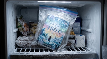 Un libro titulado El Secreto del Hielo dentro de una bolsa de plástico hermética sobre la rejilla de un congelador con alimentos.