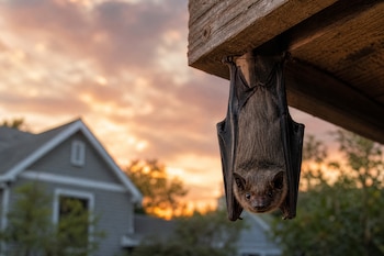 Un murciélago colgado de una viga de madera ante el cielo del atardecer y el tejado de una casa.