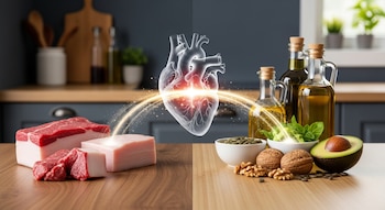 Mesa con sebo de res, trozos de carne, manteca, botellas de aceite de oliva y canola, nueces, palta, semillas y un corazón anatómico translúcido.