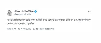 Esta fue la respuesta que ofreció Álvaro Uribe Vélez tras el triunfo de Javier Milei en las elecciones presidenciales de Argentina - crédito @AlvaroUribeVel/X