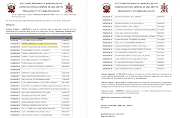 Documento oficial del Jurado Electoral Especial de Lima Centro, Perú, con logos del Estado peruano y JNE, y una tabla de candidatos y sus DNI
