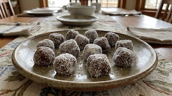Un plato de cerámica con bombones fríos cubiertos de coco rallado sobre una mesa de madera, con un camino de tela y el fondo desenfocado de un comedor.