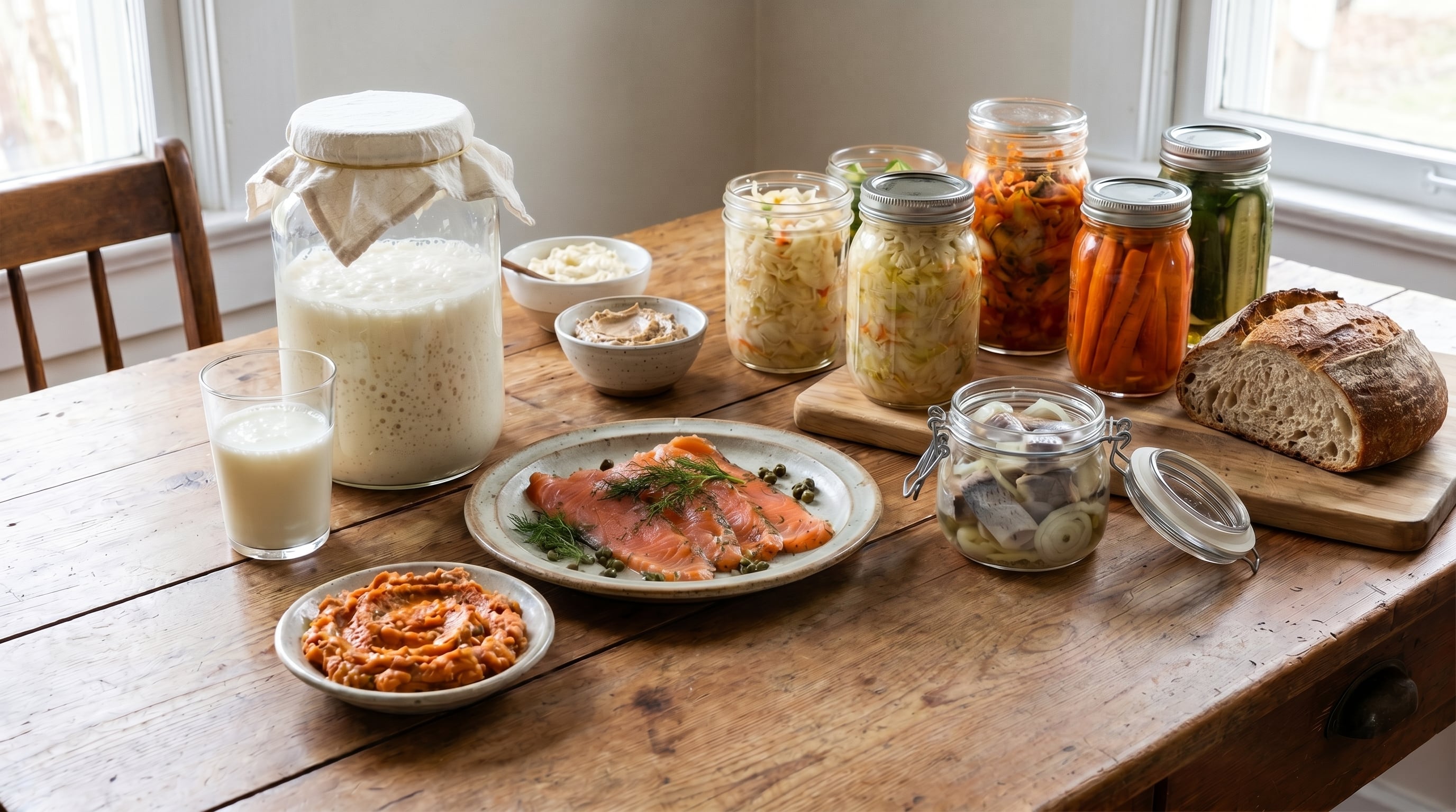 Los alimentos fermentados y encurtidos, como el kéfir y el arenque en escabeche, aportan probióticos asociados con una mejor salud digestiva (Imagen Ilustrativa Infobae)