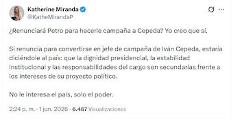 Katherine Miranda critica a Gustavo Petro por su apoyo a Iván Cepeda - crédito @KatheMirandaP/X