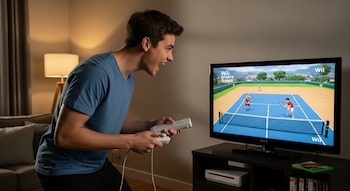 Joven con camiseta azul jugando Wii Sports Tennis en una Nintendo Wii frente a un televisor en una sala.