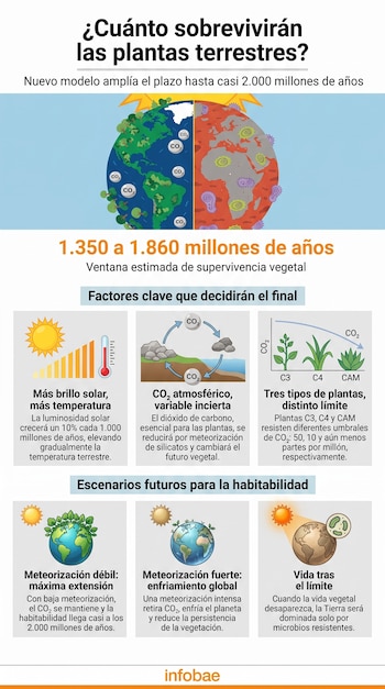 Infografía de Infobae con título sobre supervivencia de plantas. Muestra la Tierra verde y árida, periodo de 1.350 a 1.860 millones de años, factores clave y escenarios futuros