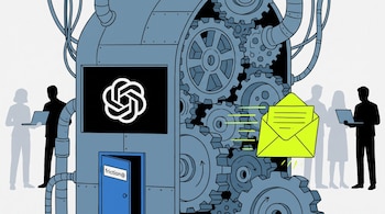 Máquina con engranajes y tuberías, logo de OpenAI, puerta abierta con 'friction@', mensaje amarillo, siluetas de personas, algunas con laptop.