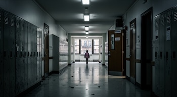 Un pasillo oscuro y largo de una escuela con taquillas a ambos lados, un niño con mochila rosa de espaldas al final frente a una ventana, y hojas secas en el suelo.
