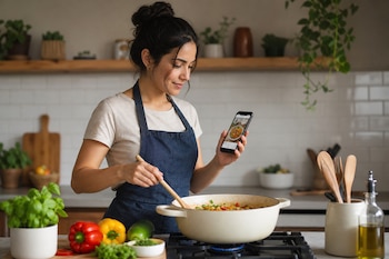 Una mujer con delantal revuelve una olla en la cocina mientras sostiene un teléfono inteligente que muestra la imagen de un plato.