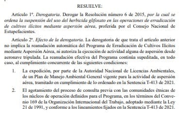 La administración de Abelardo de la Espriella tomó la decisión de eliminar la Resolución número 6 de 2015, que había prohibido el uso del herbicida glifosato en la erradicación de cultivos ilícitos mediante aspersión aérea - crédito redes sociales