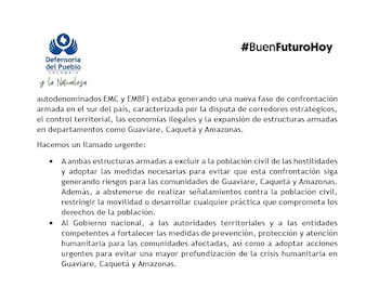 De acuerdo con el comunicado de la Defensoría del Pueblo, los combates ocurrieron en los sectores conocidos como La Siberia, Caño Cumare y Pipiral, en San José del Guaviare - crédito Defensoría del Pueblo