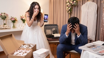 Mujer de novia muestra celular a hombre de traje sentado con la cabeza en las manos. Cajas con recuerdos de boda, invitaciones, flores y un periódico sobre una mesa.