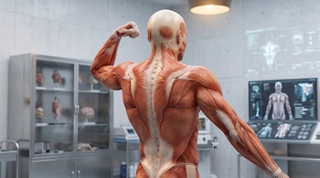 Un modelo anatómico humano visto de espalda muestra los músculos del cuerpo dentro de una sala con vitrinas y monitores.