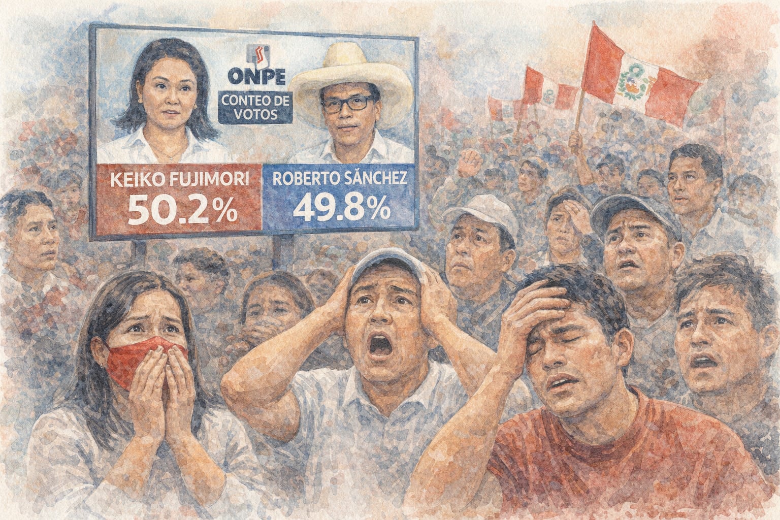 Ciudadanos peruanos observan con profunda angustia los resultados preliminares del conteo de votos de la ONPE, que muestran un margen sumamente estrecho entre Keiko Fujimori y Roberto Sánchez en la elección presidencial. (Imagen Ilustrativa Infobae)