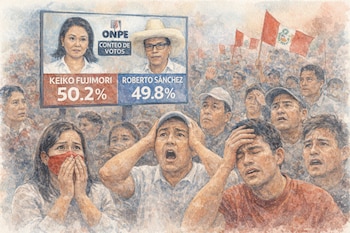 Ilustración en acuarela de peruanos expresando angustia frente a una pantalla de ONPE que muestra 50.2% para Keiko Fujimori y 49.8% para Roberto Sánchez. Banderas de Perú al fondo.