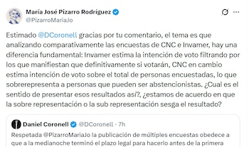 El intercambio escaló cuando María José Pizarro profundizó su crítica sobre la metodología del CNC frente a otras encuestadoras como Invamer - crédito @PizarroMariaJo/X