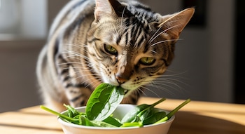 Primer plano de un gato atigrado marrón y negro con ojos verdes comiendo una hoja de espinaca verde de un tazón blanco bajo luz natural.