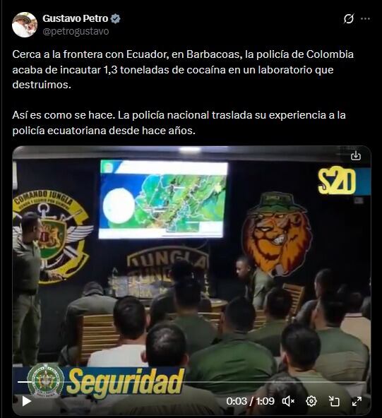 El presidente Gustavo Petro destacó en redes sociales la cooperación entre Colombia y Ecuador en la lucha contra el narcotráfico en zonas de frontera - crédito @petrogustavo / X