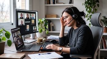 Mujer con gafas y auriculares con micrófono sentada frente a dos computadoras que muestran una videollamada de trabajo en su escritorio.