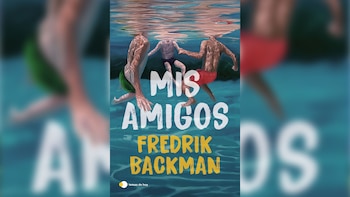 A capa do livro 'My Friends' de Fredrik Backman com três figuras sem cabeça em água azul e verde, com reflexos na superfície