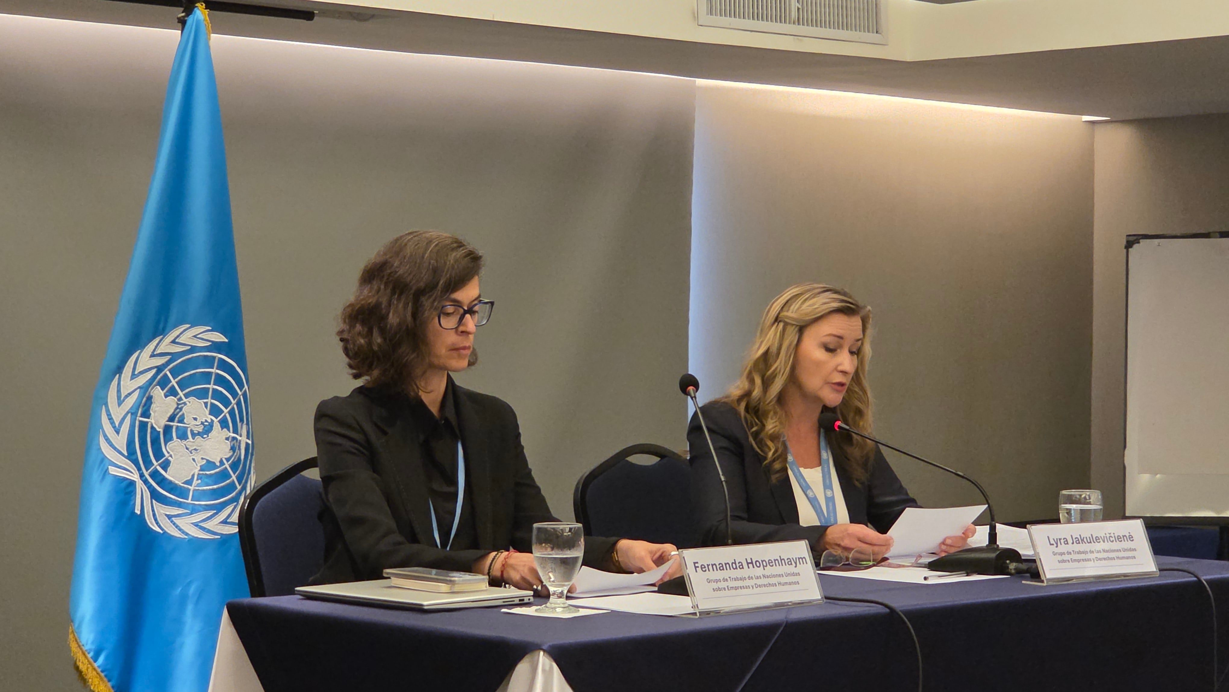 Fernanda Hopenhaym y Lyra Jakulevičienė intervienen en una sesión del Grupo de Trabajo de las Naciones Unidas sobre Empresas y Derechos Humanos. (OACNUDH)