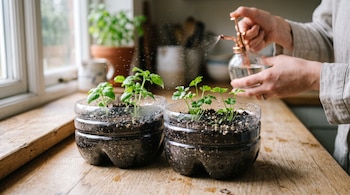 Dos bases de botellas de plástico con tierra y brotes sobre una superficie de madera, mientras unas manos rocían agua con un atomizador.