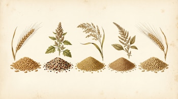 Ilustración botánica estilo siglo XIX mostrando cinco montículos de granos y sus plantas de origen. Incluye espelta, quinoa, mijo y amaranto. Fondo color crema.