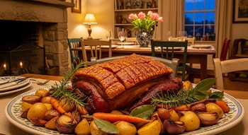 Pernil de cerdo asado con piel crujiente sobre un plato decorado, rodeado de patatas, zanahorias y cebollas asadas, con romero y laurel.