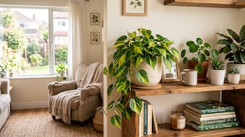 Filodendro Brasil de hojas verdes y amarillas en una maceta sobre un mueble de madera, rodeado de libros, un sillón y una ventana.