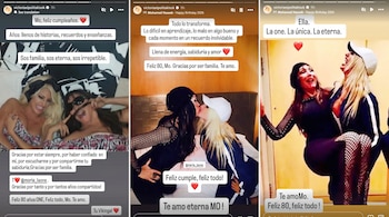 Tres publicaciones de redes sociales en collage con Victoria Xipolitakis (rubia) y Moria Casán (morocha) sonriendo, abrazándose y posando, con texto superpuesto.