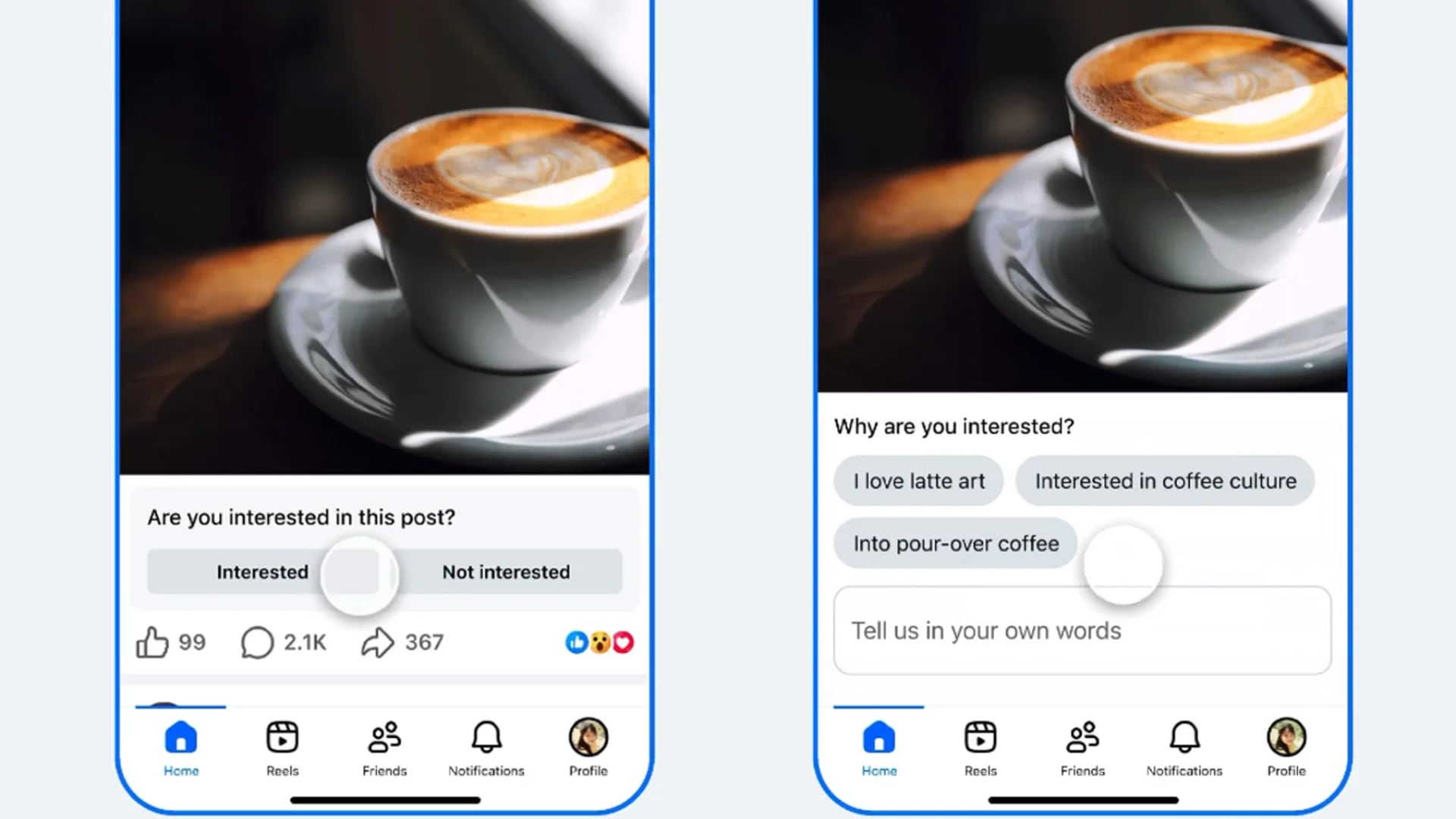 Facebook puede formular preguntas de seguimiento para entender mejor las preferencias de cada usuario. (Meta)