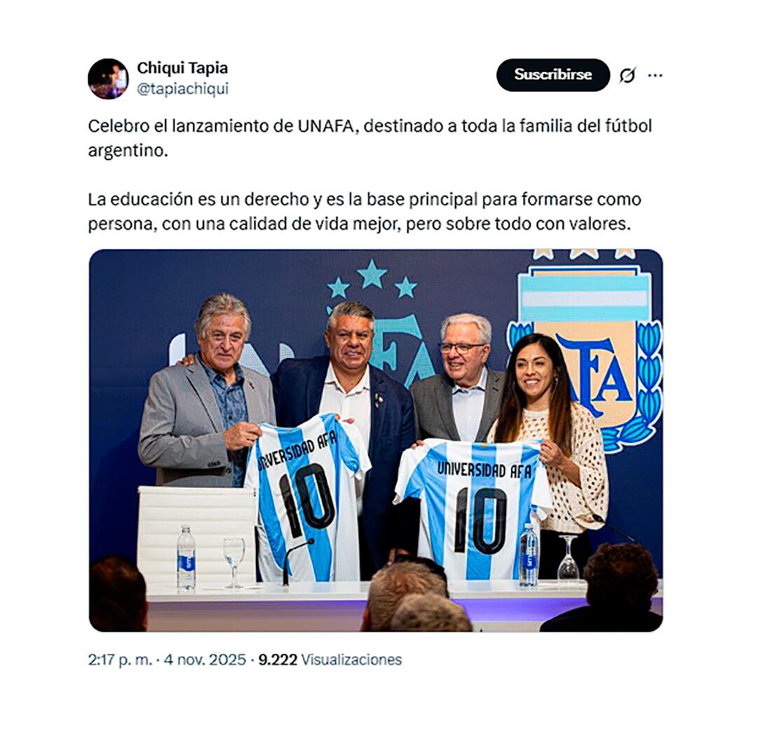 Uno de los mensajes de Tapia en X por la presentación de la UnAFA